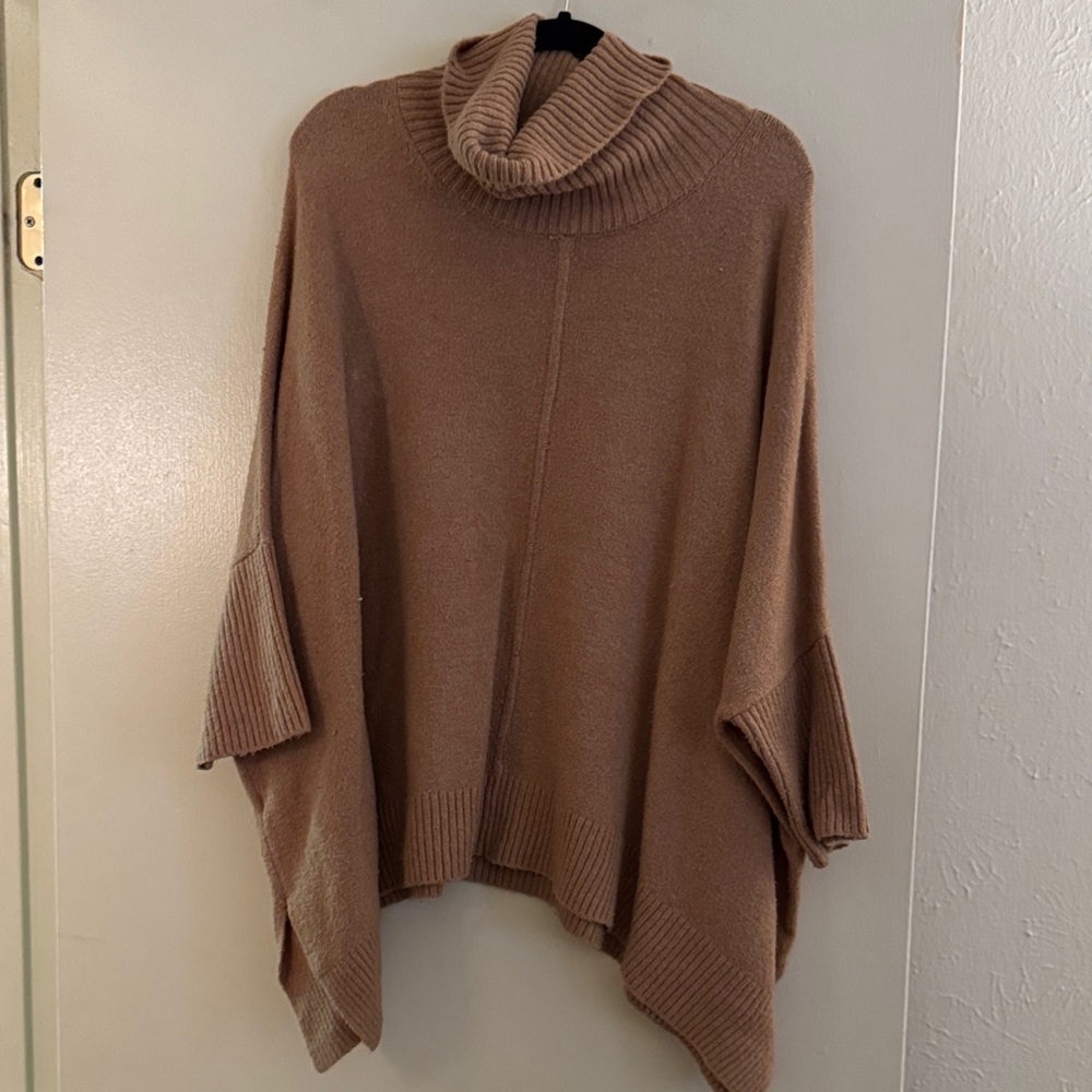 LOFT Cozy Tan Cowl Turtleneck Poncho Sweater